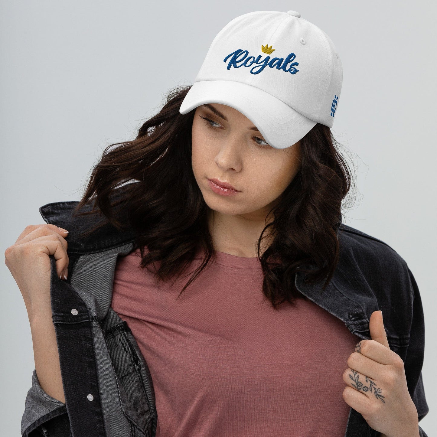 KC Swag Kansas City Royals White Flower Crown Classic Dad Hat worn by female model