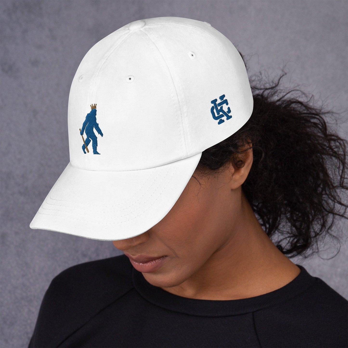 KC Swag Kansas City Royals White Crowned Pasquatch Classic Dad Hat worn by female model