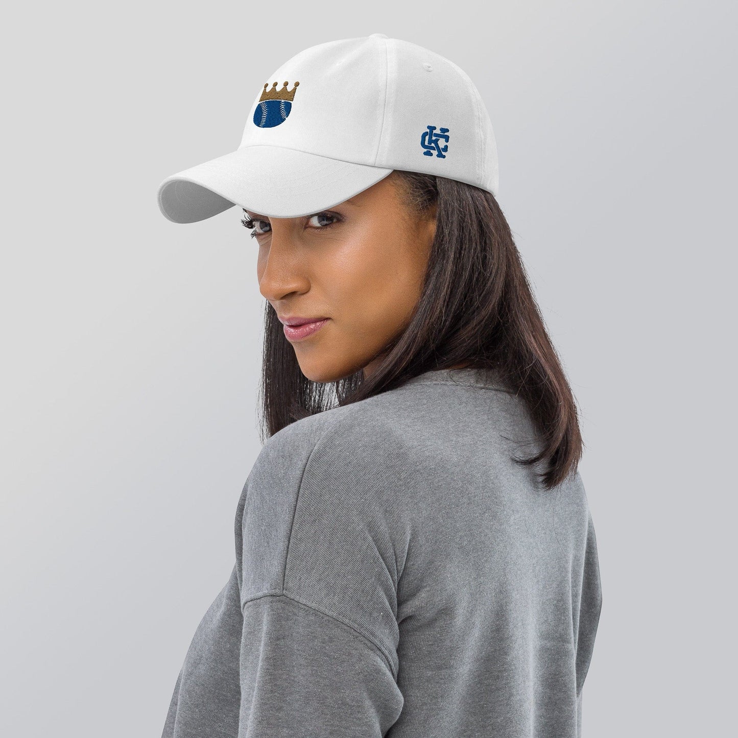 KC Swag Kansas City Royals White Crowned Baseball Classic Dad Hat worn by female model