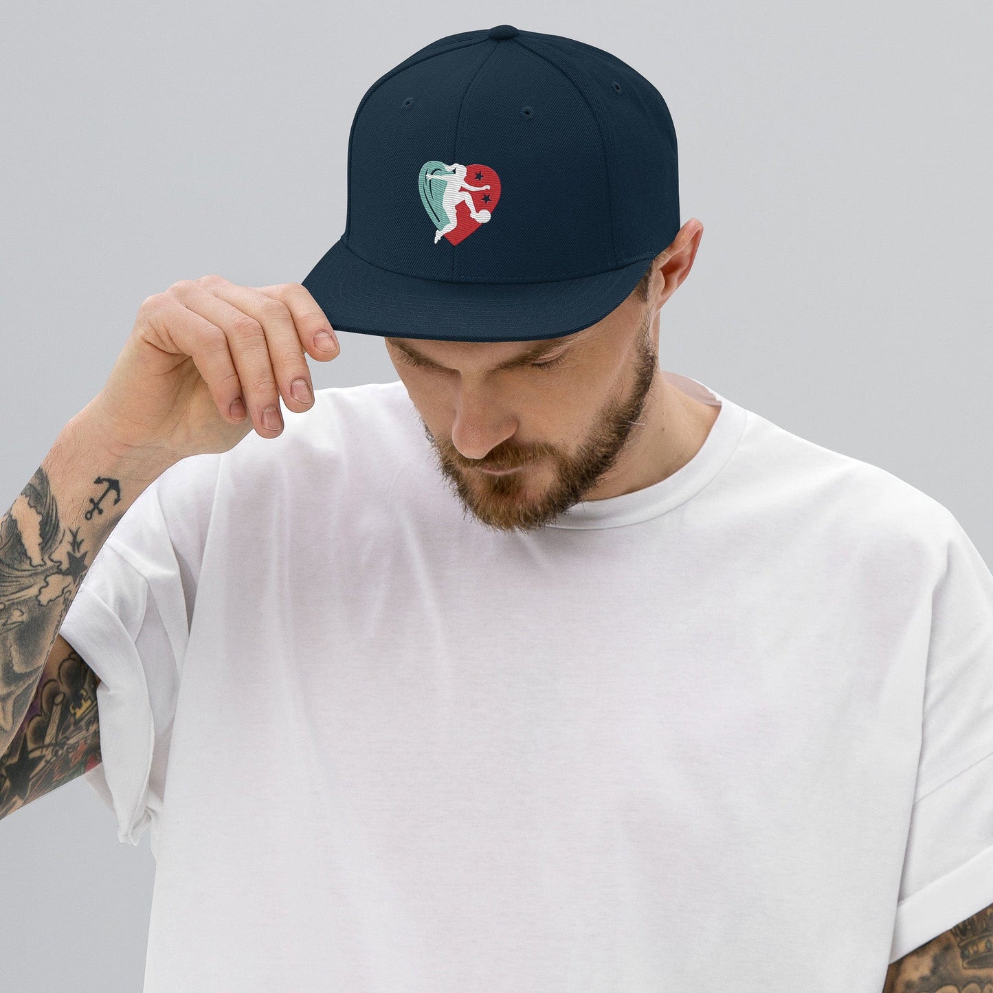 KC Swag Kansas City Current Navy Player Heart Flat Snapback Hat worn by male model