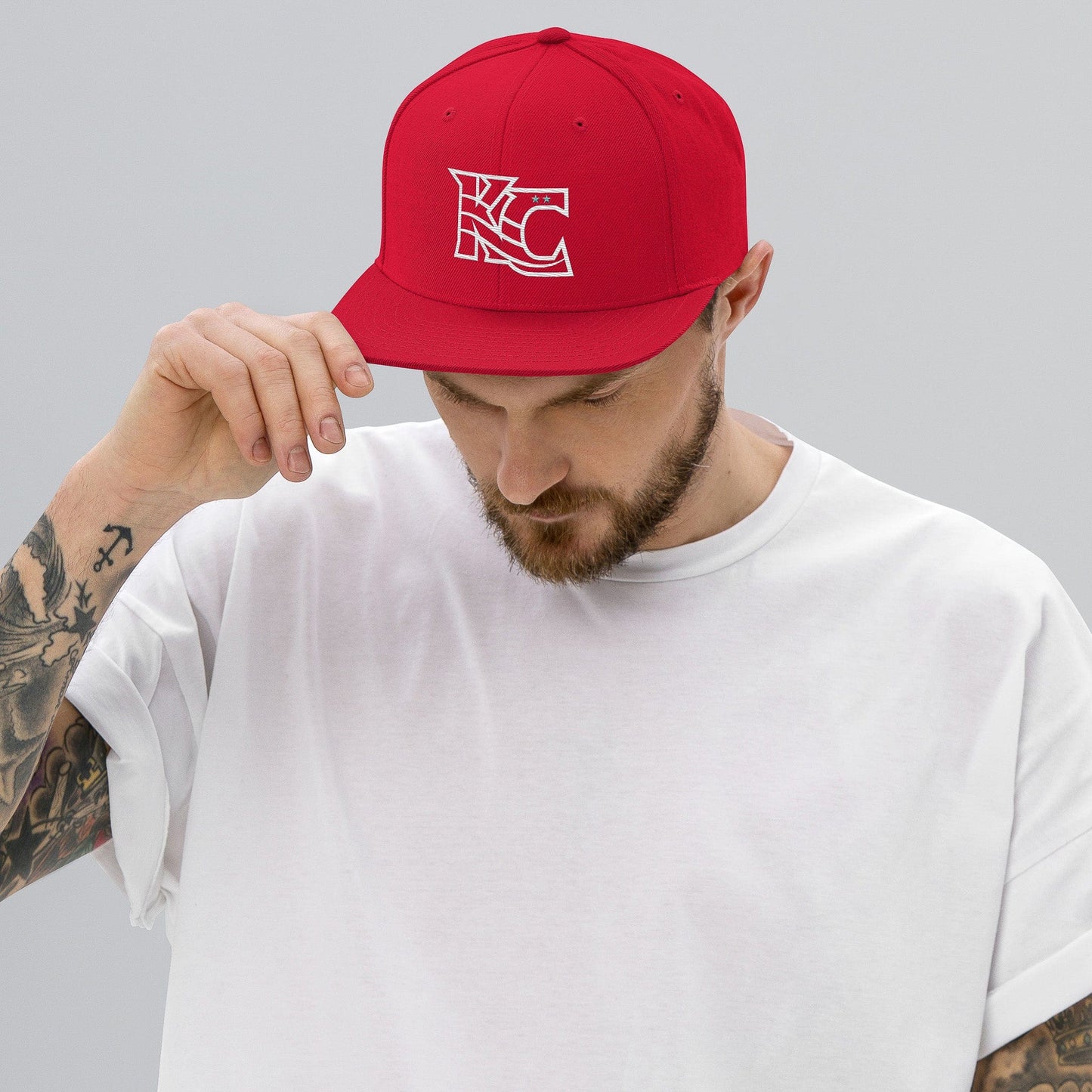 KC Swag Kansas City Current Red Flowing KC Flat Snapback Hat worn by male model