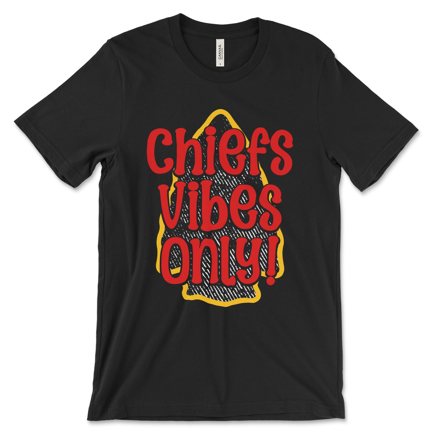 KC Swag - Kansas City Chiefs CHIEFS VIBES ONLY! on black unisex t-shirt worn by male model walking on sidewalk next to brick wall