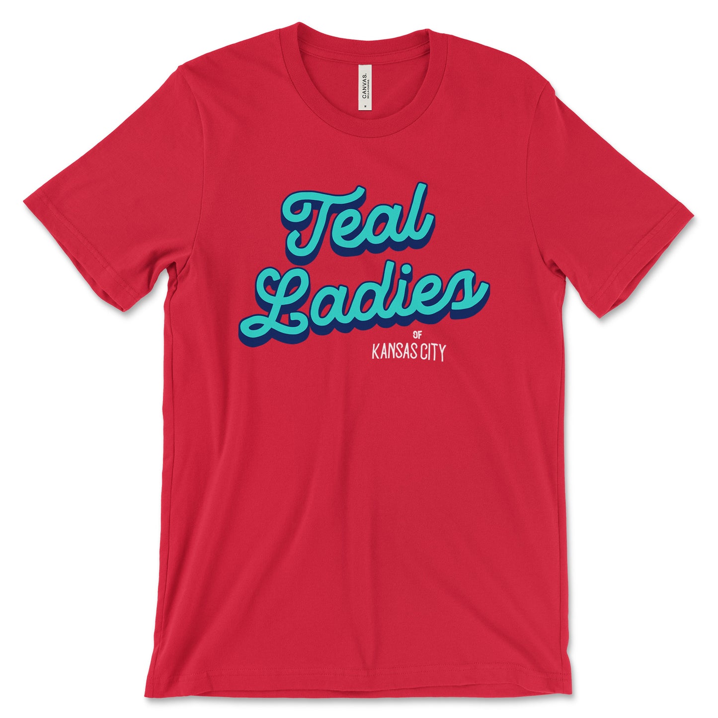 KC Swag - Kansas City Current, Retro teal Ladies Of KC design on red unisex t-shirt