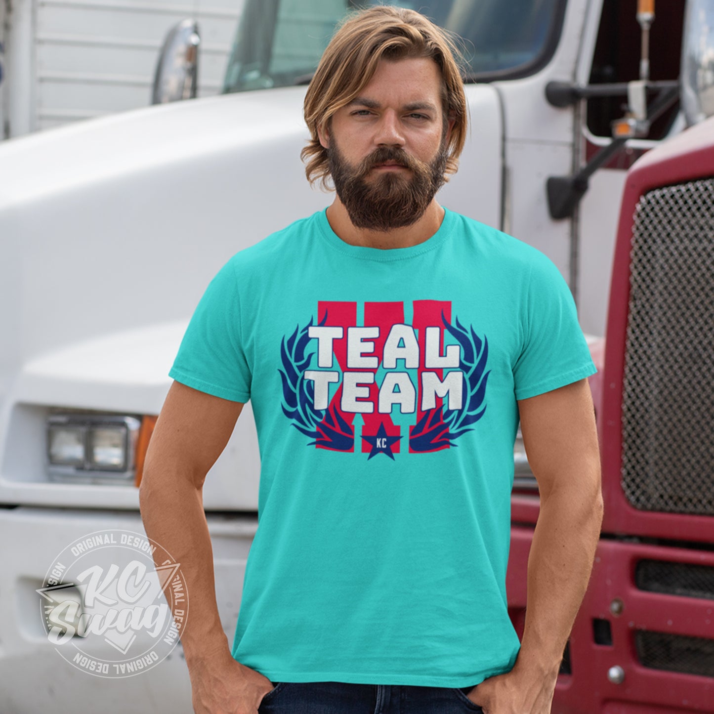 KC Swag - Kansas City Current, Teal Team XI design on teal unisex t-shirt worn by malel model standing in a parking lot in front of a pair of semi truck cabs