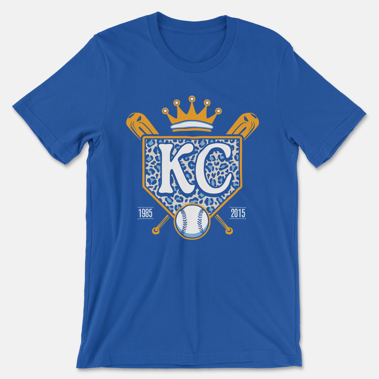 KC Swag - Kansas City Royals, Cheetah Home Plate design on royal blue unisex t-shirt 