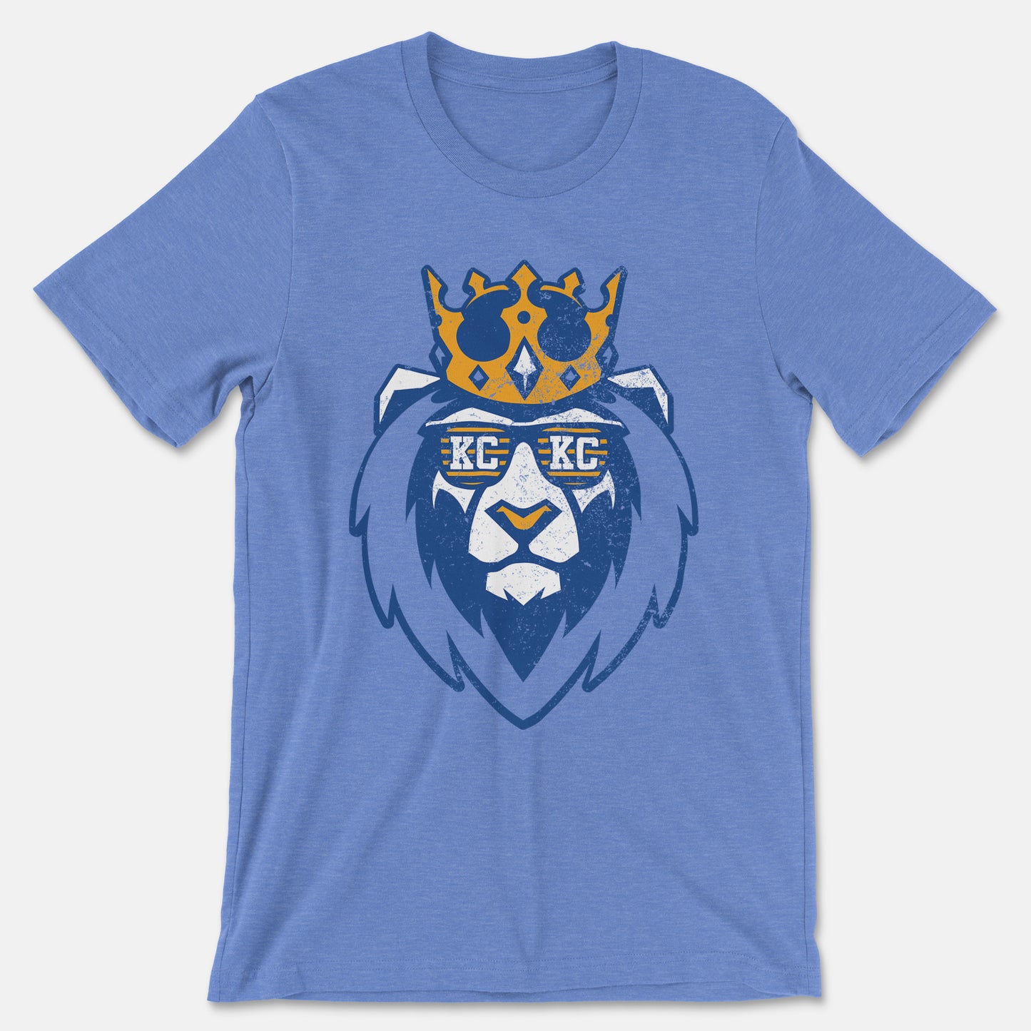 kc swag, kansas city royals, heather columbia blue unisex t-shirt featuring a white and royal blue graphic of a lion wearing a gold crown and KC sunglasses