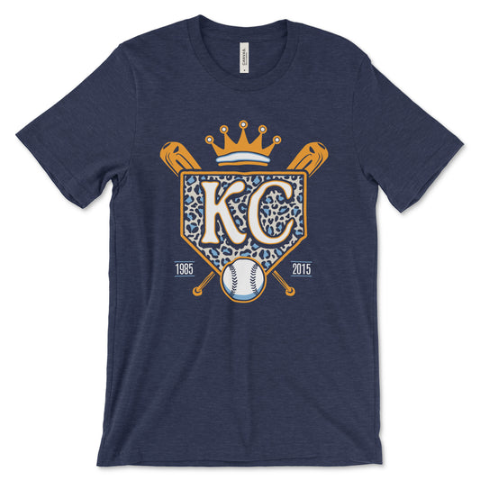 KC Swag - Kansas City Royals gold, blue and whites Crowned Cheetah Home Plate on a unisex heather navy t-shirt