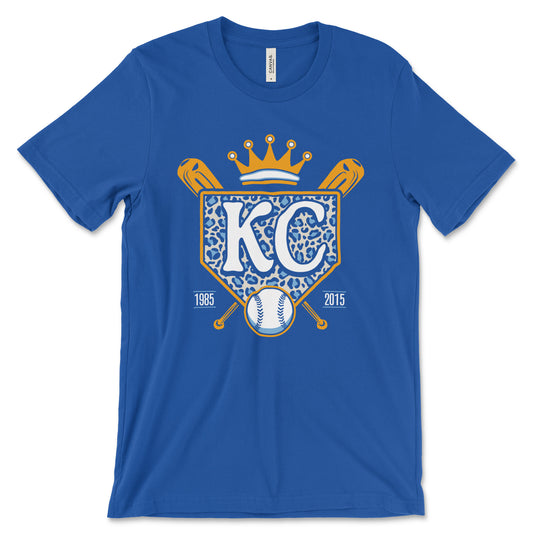 KC Swag - Kansas City Royals, Cheetah Home Plate design on royal blue unisex t-shirt 