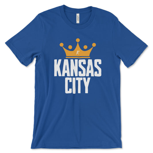 KC Swag - Kansas City Royals gold and white Crowned KC on a unisex true royal blue t-shirt