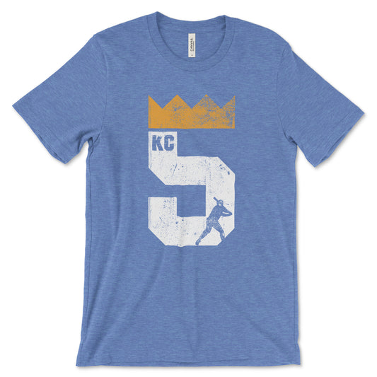 KC Swag - Kansas City Royals white and gold Five Crown KC on a unisex heather Columbia blue t-shirt