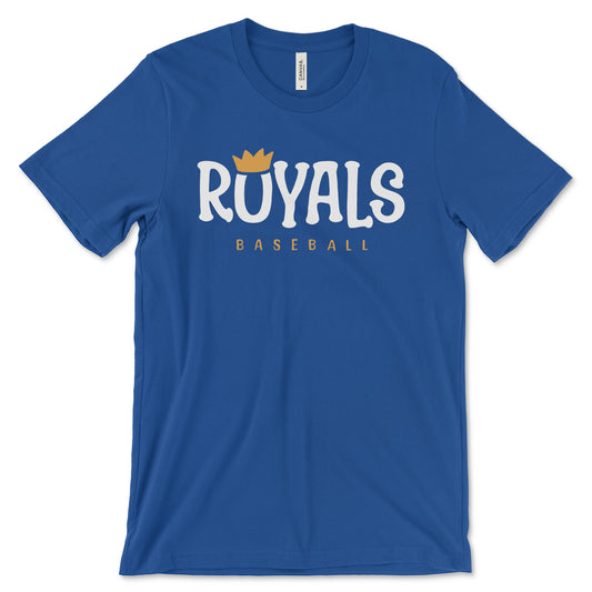 KC Swag - Kansas City Royals white and gold O-Crowned Royals on a unisex royal blue t-shirt