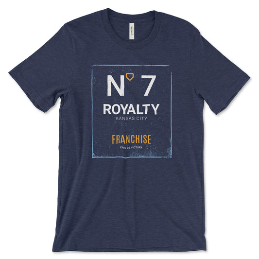 KC Swag - Kansas City Royals white, blue and gold Royalty Number 7 Franchise on a unisex heather navy blue t-shirt
