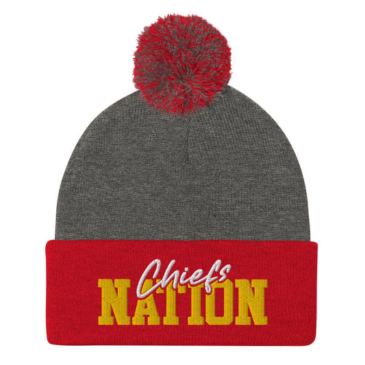 Red/Gray/gold/white Chiefs Nation Pom-Pom Beanie