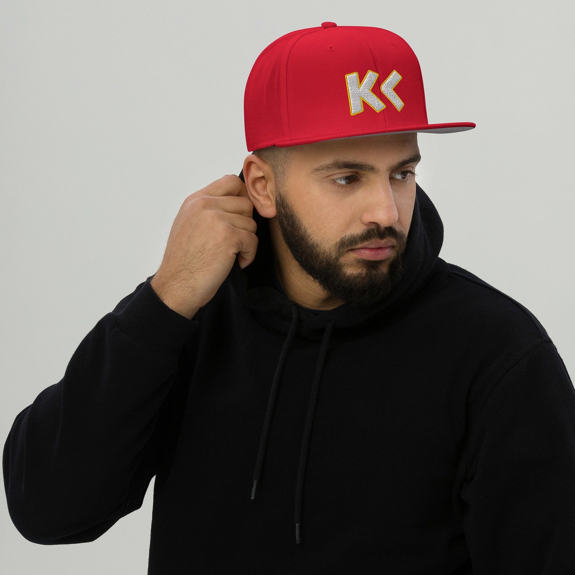 KC SWag Kansas City Chiefs red Greek KC Flat Snapback hat worn by male model