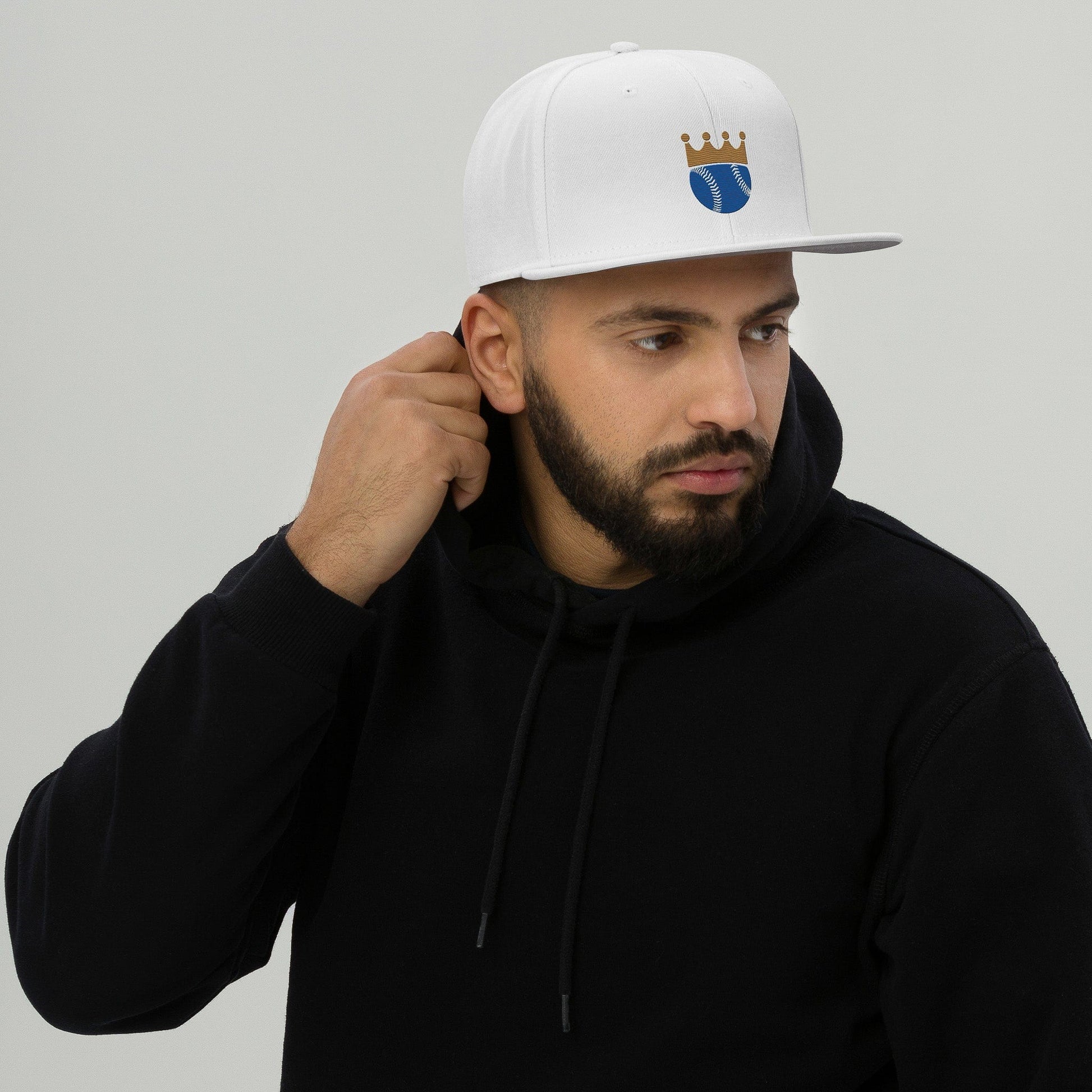 KC Swag Kansas City Royals White Crowned Baseball Flat Snapback Hat worn by male model