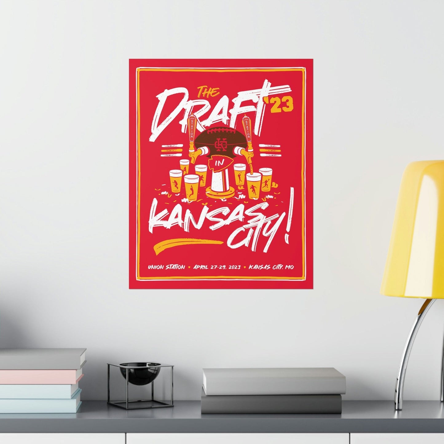 KC Swag Kansas City Chiefs DRAFTIN" IN KC red gold white matte poster displayed on wall above table