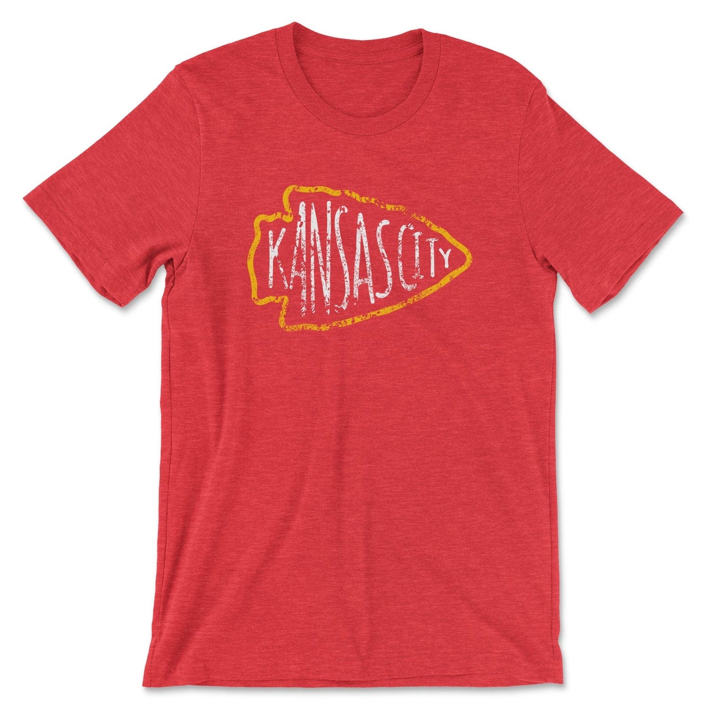 KC Swag Kansas City Chiefs white KANSA CITY inside yellow arrowhead outline on heather red t-shirt