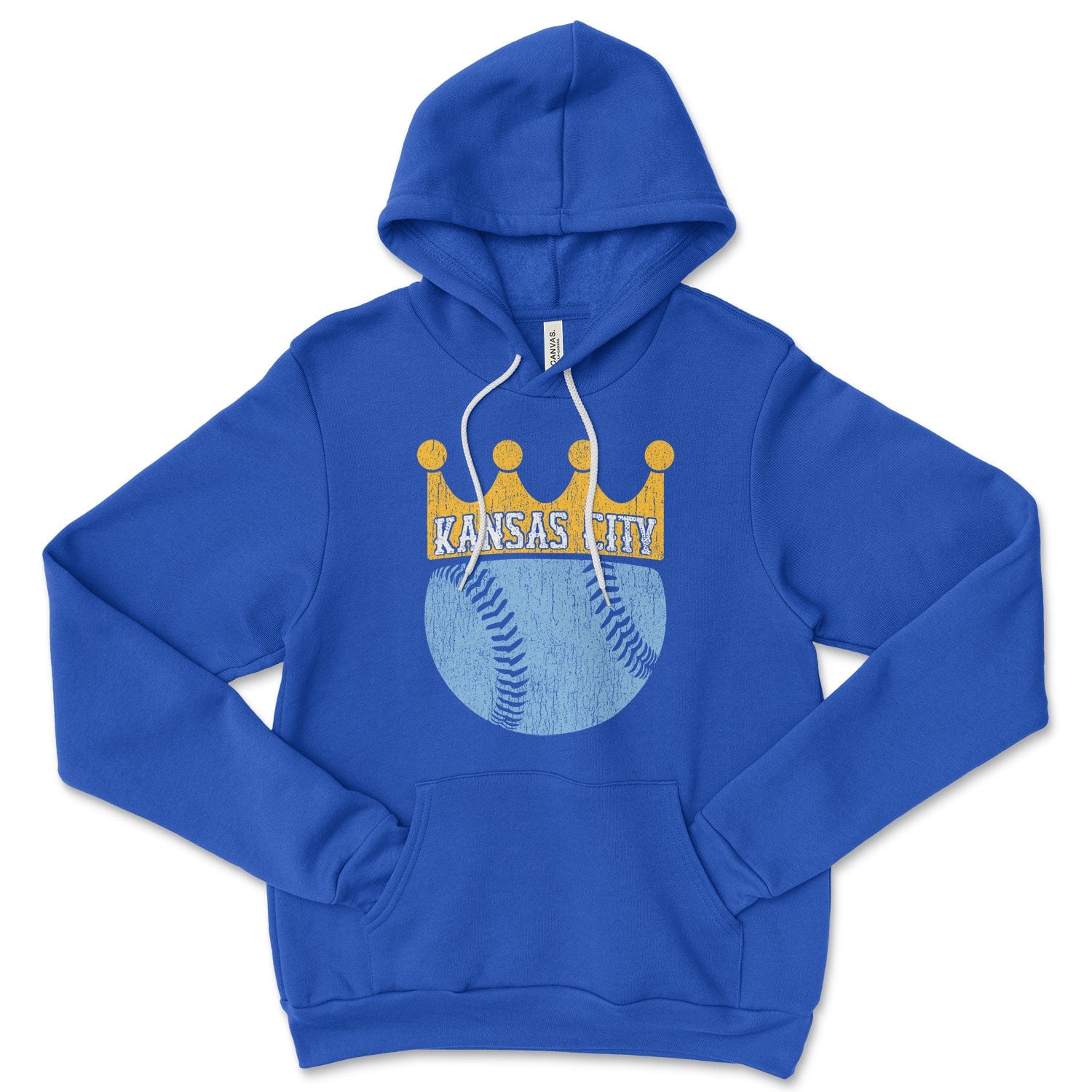 KC Swag Kansas City Royals powder blue baseball wearing a gold crown with KANSAS CITY text on royal blue pull-over hoodie
