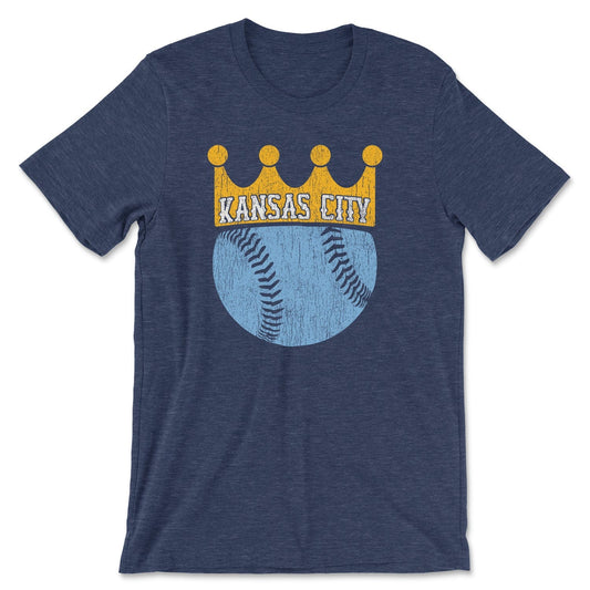 KC Swag Kansas City Royals distressed gold/light-blue BASEBALL CROWN that reads KANSAS CITY in white on a soft heather navy t-shirt