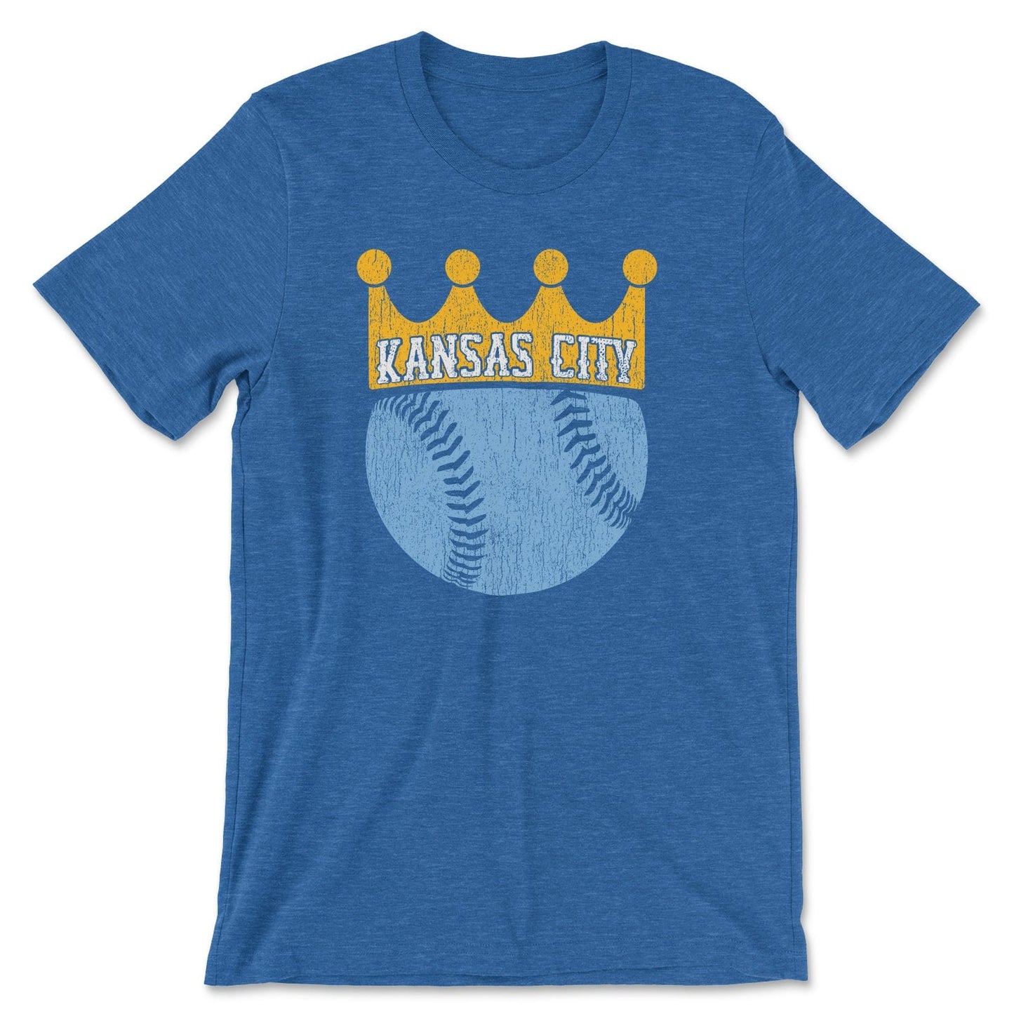 KC Swag Kansas City Royals distressed gold/light-blue BASEBALL CROWN that reads KANSAS CITY in white on a soft heather royal-blue t-shirt