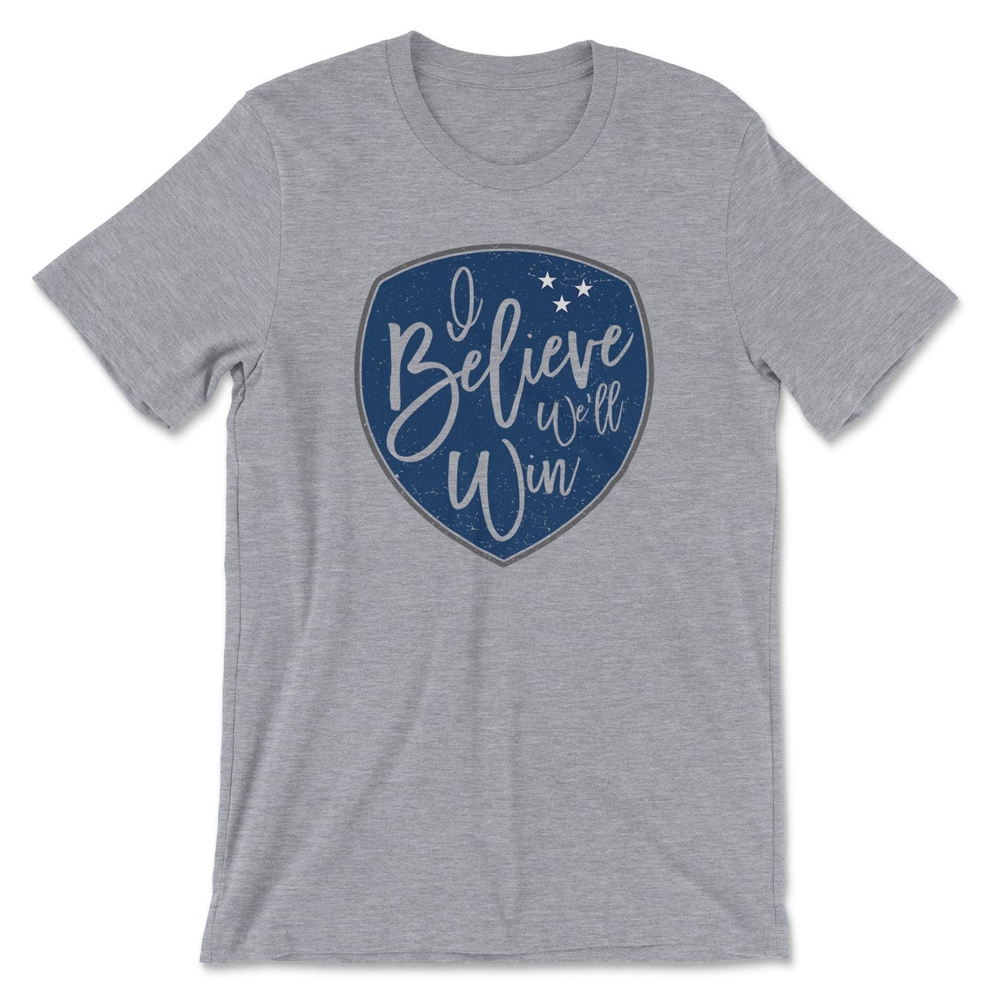 KC Swag Sporting Kansas City navy/grey/white I BELIEVE WE'LL WIN shield on athletic heather grey t-shirt