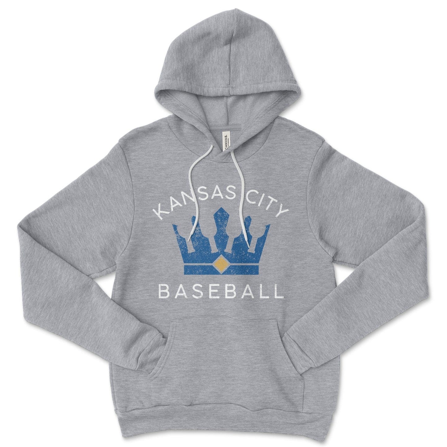 KC Swag Kansas City Royalsroyal-blue/gold BOTTLE CROWN with white KC ROYALS text on athletic heather grey pull-over hoodie
