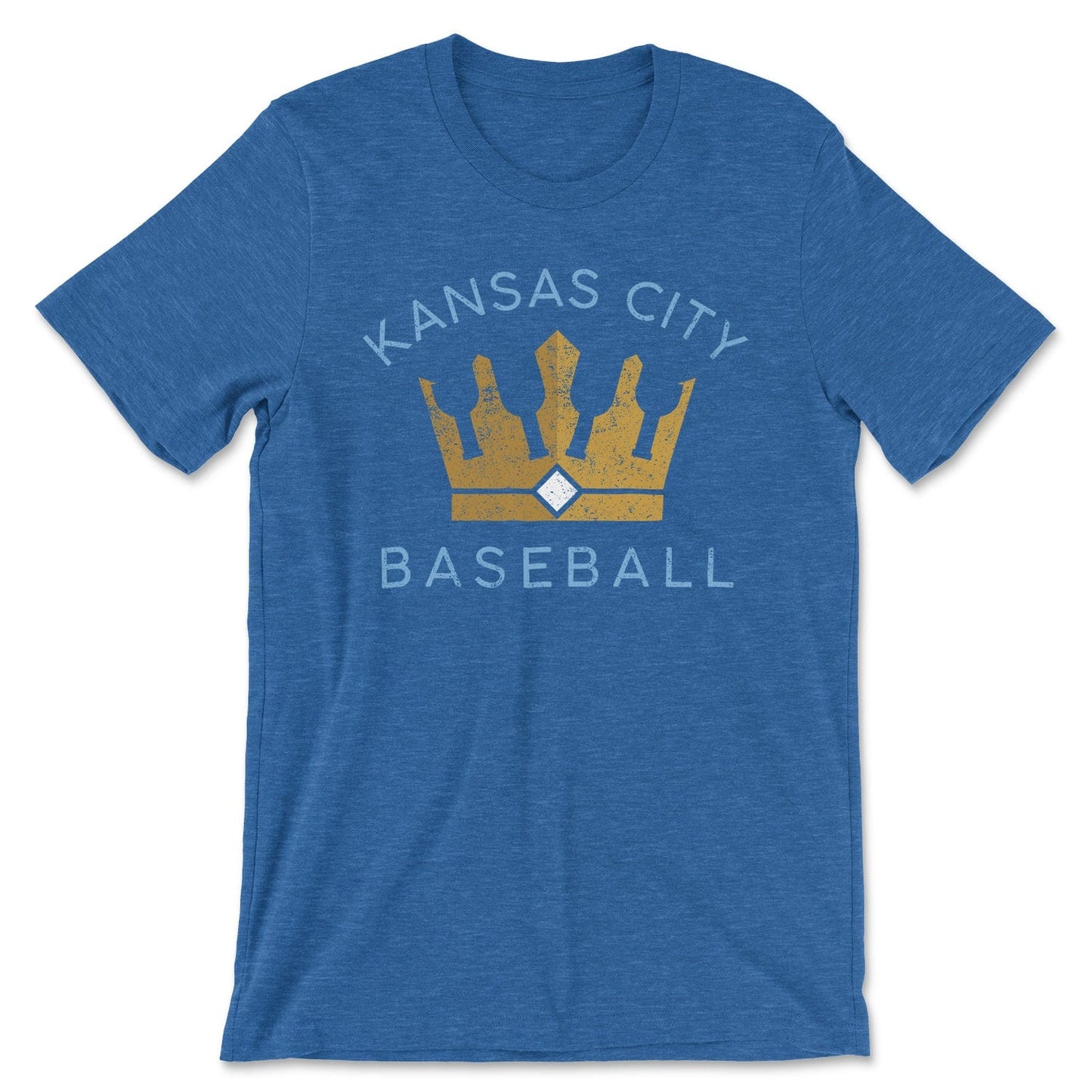 KC Swag Kansas City Royals powder blue/gold KANSAS CITY BASEBALL BOTTLE CROWN on heather royal blue t-shirt