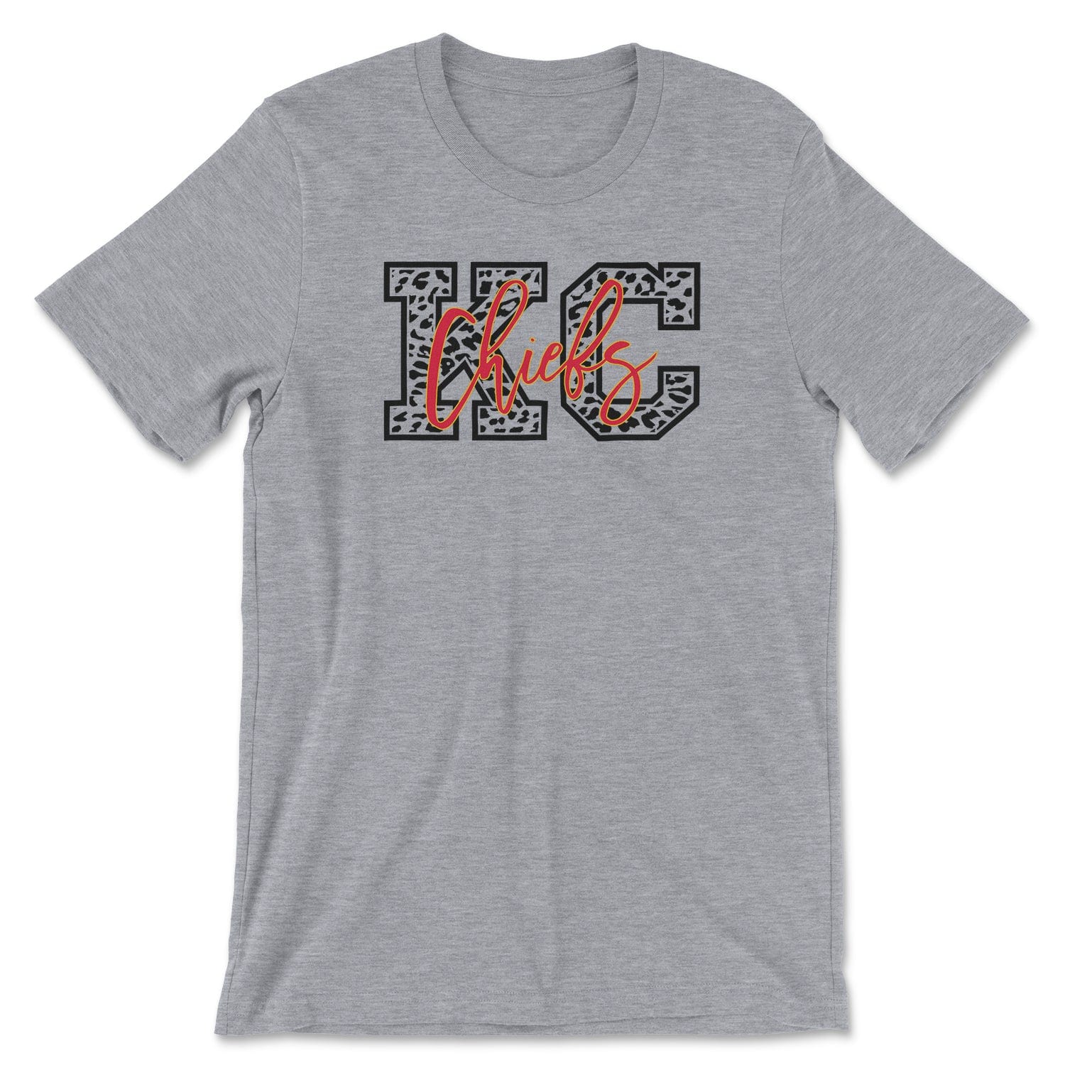 KC Swag Kansas City Chiefs red/yellow CHIEFS script over black CHEETAH KC on athletic heather grey t-shirt
