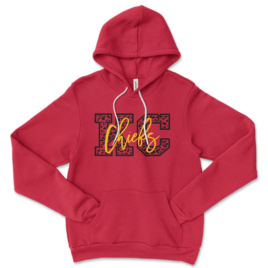 KC Swag Kansas City Chiefs yellow CHIEFS on black cheetah pattern KC on red fleece pullover hoodie