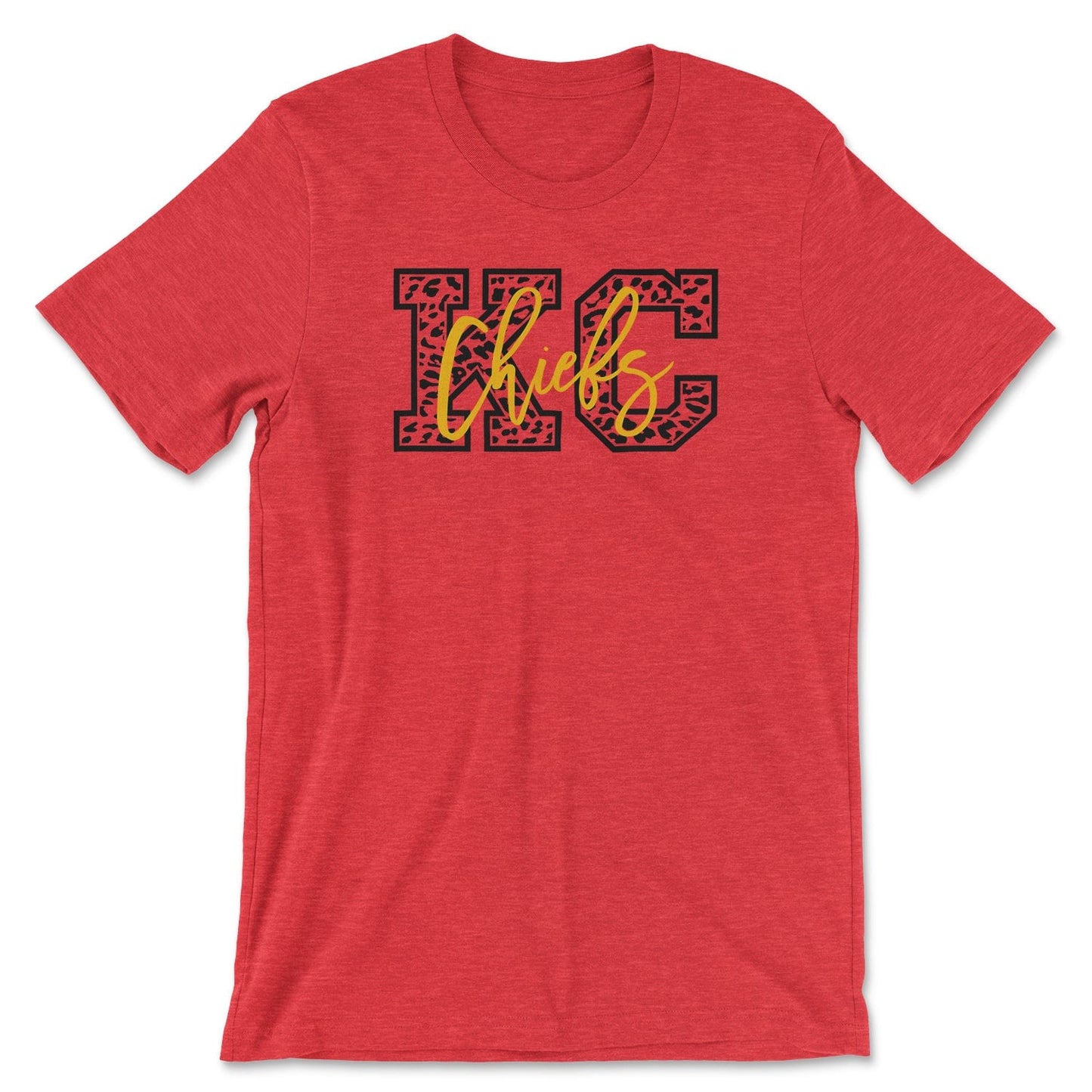 KC Swag Kansas City Chiefs yellow CHIEFS script over black CHEETAH KC on heather red t-shirt