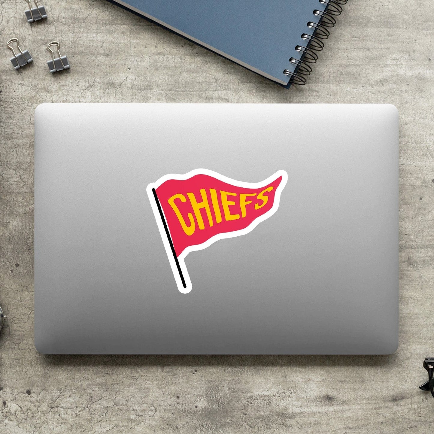 KC Swag Kansas City Chiefs red, yellow CHIEFS PENNANT vinyl die cut decal sticker on closed laptop back