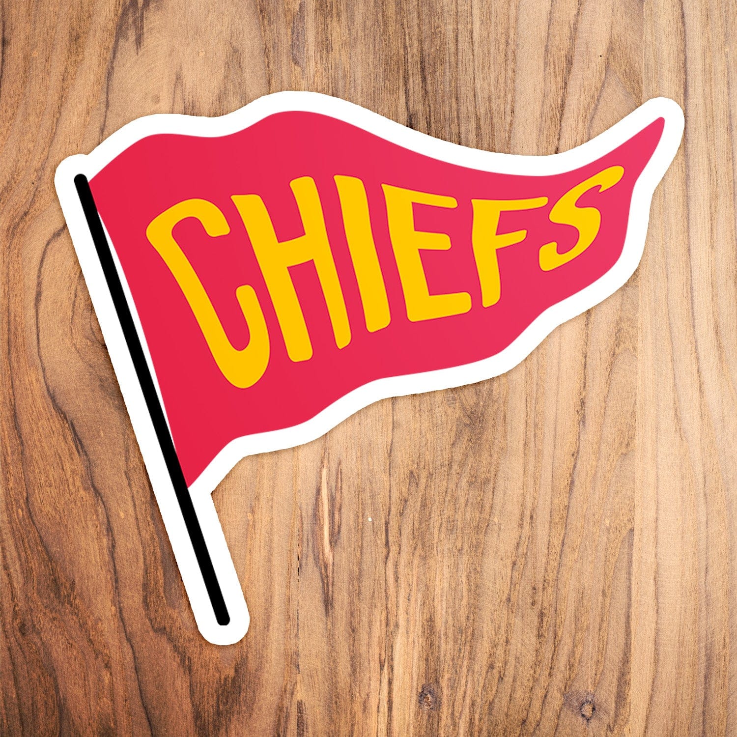 KC Swag Kansas City Chiefs red, yellow CHIEFS PENNANT vinyl die cut decal sticker on wood table