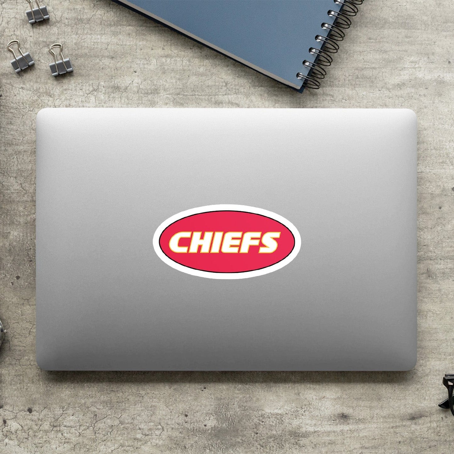 KC Swag Kansas City Chiefs red, yellow CHIEFS CLASSIC OVAL vinyl die cut decal sticker on closed laptop back