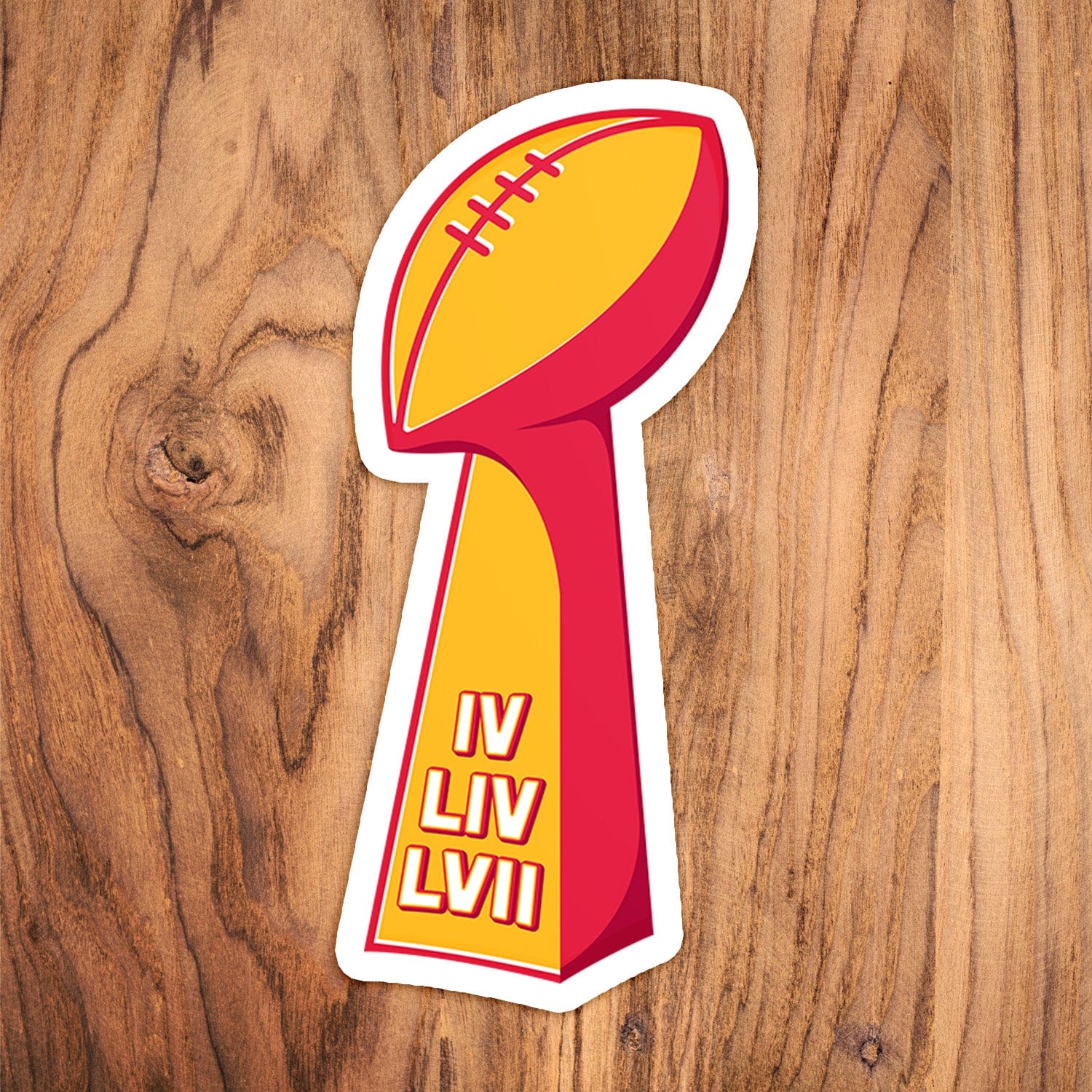 KC Swag Kansas City Chiefs red, yellow LOMBARDI SBx3 vinyl die cut decal sticker on wood table