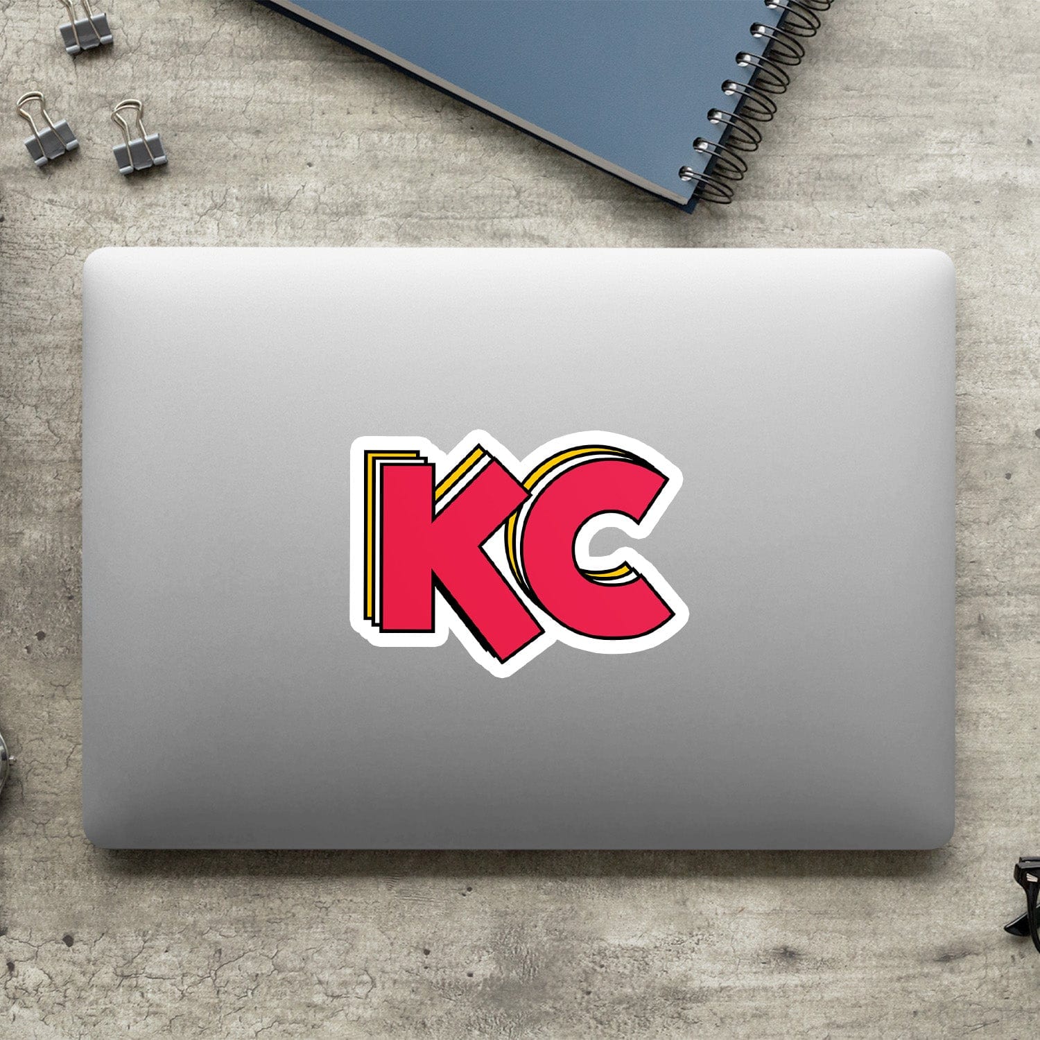 KC Swag Kansas City Chiefs red, yellow STACKED RED KC vinyl die cut decal sticker on closed laptop mback