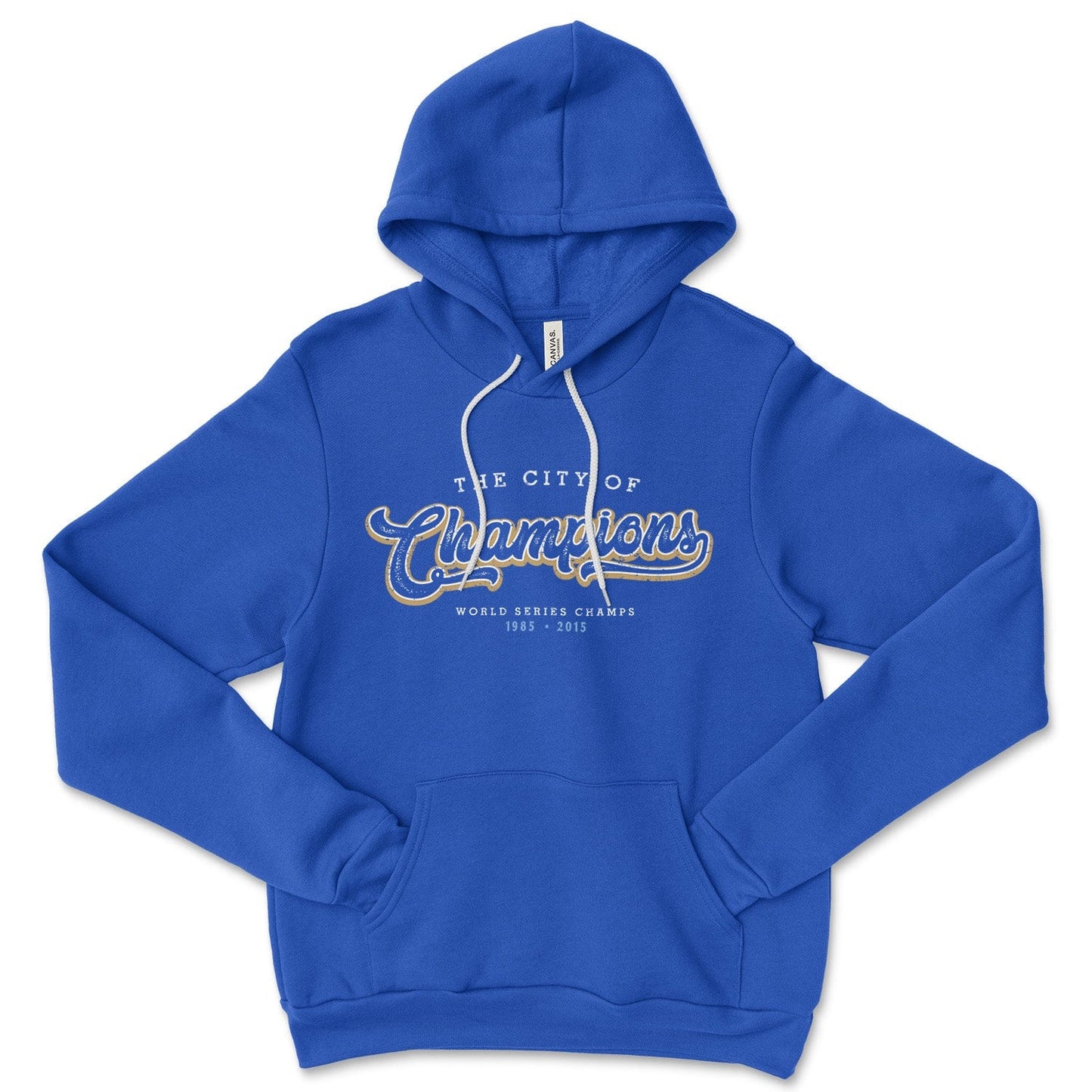 KC Swag Kansas City Royals white/gold CITY OF CHAMPIONS on royal blue pull-over hoodie