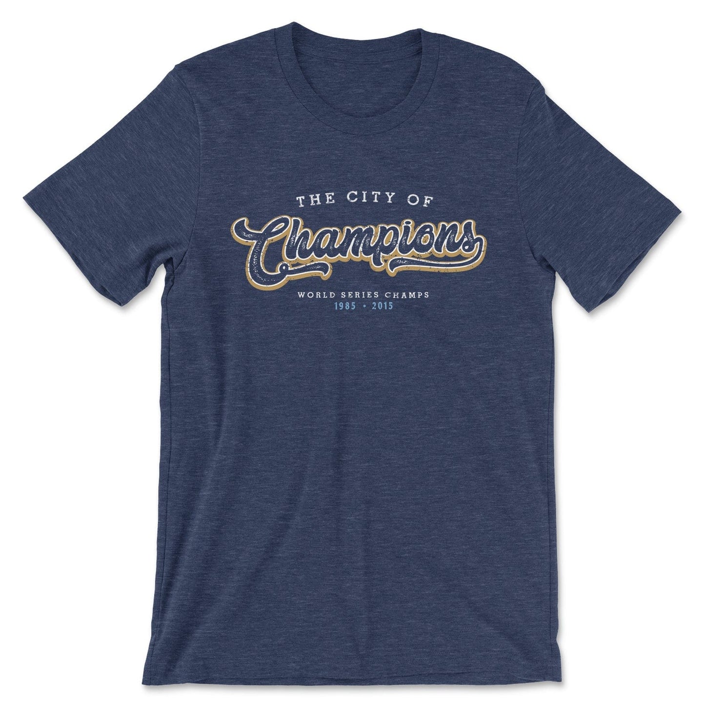 KC Swag Kansas City Royals white/gold CITY OF CHAMPIONS on heather navy t-shirt