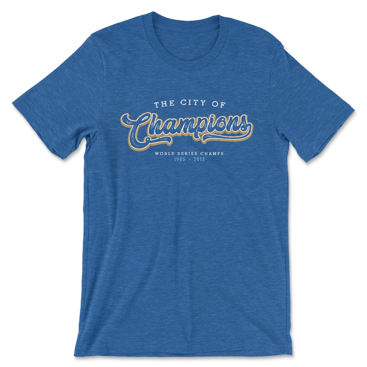 KC Swag Kansas City Royals white/gold CITY OF CHAMPIONS on heather blue t-shirt
