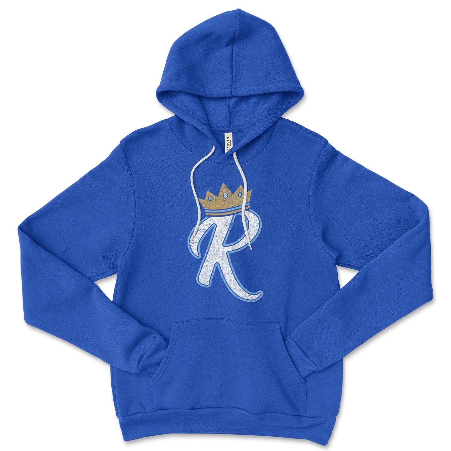 KC Swag Kansas City Royals lite blue/white R wearing gold CROWN on royal blue pull-over hoodie