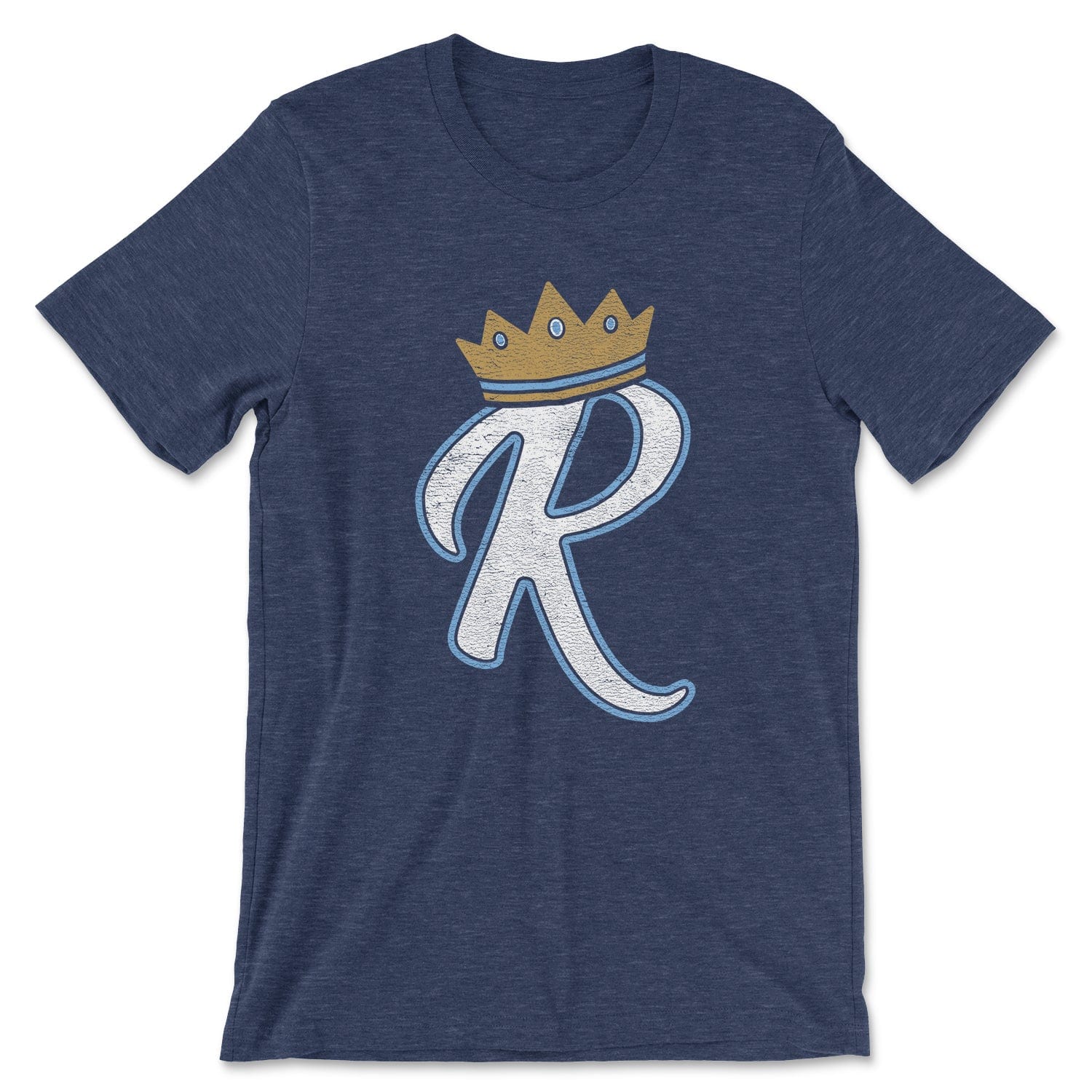 KC Swag Kansas City Royals lite blue/white BOLD R wearing Gold CROWN on heather navy t-shirt