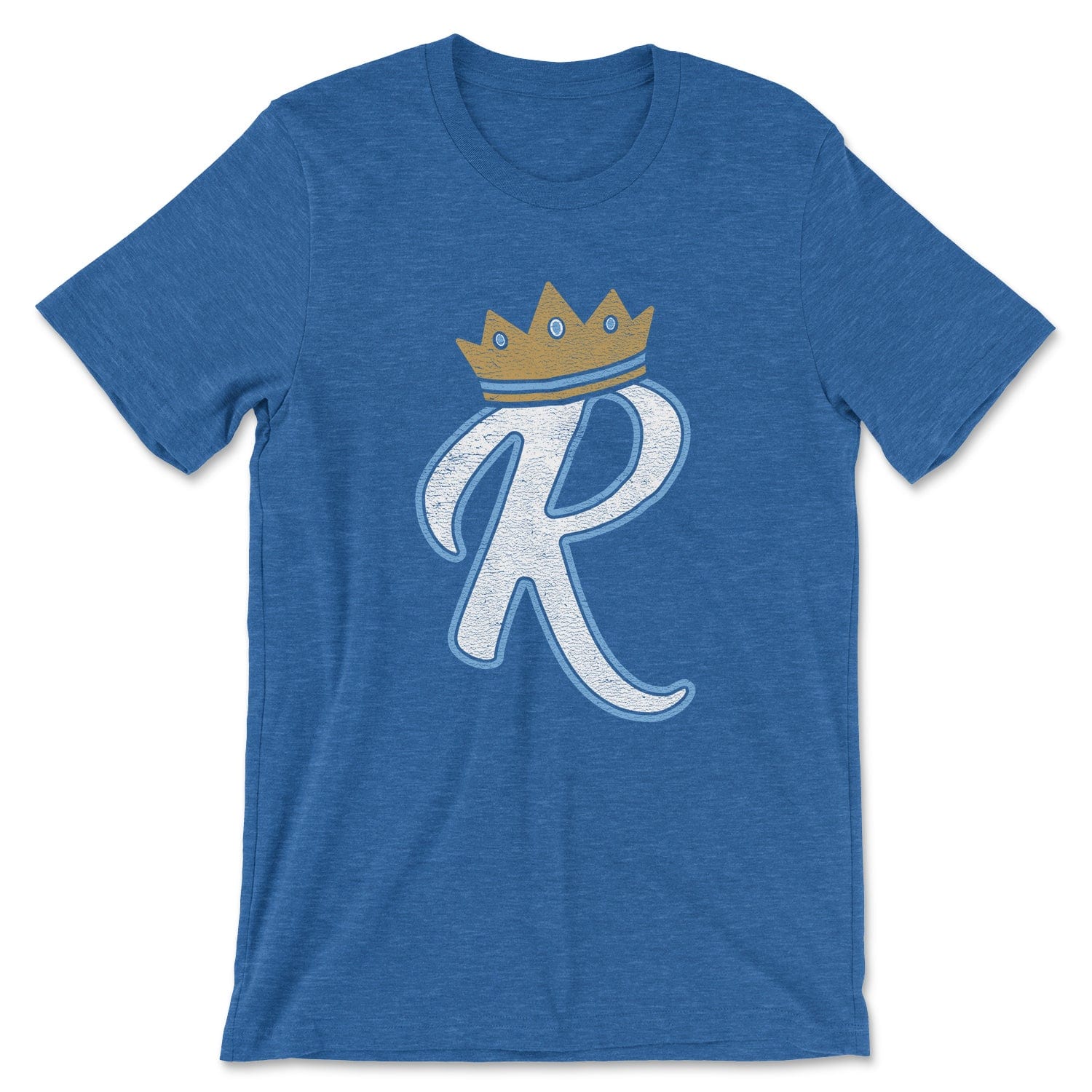 KC Swag Kansas City Royals lite blue/white BOLD R wearing Gold CROWN on heather royal blue t-shirt
