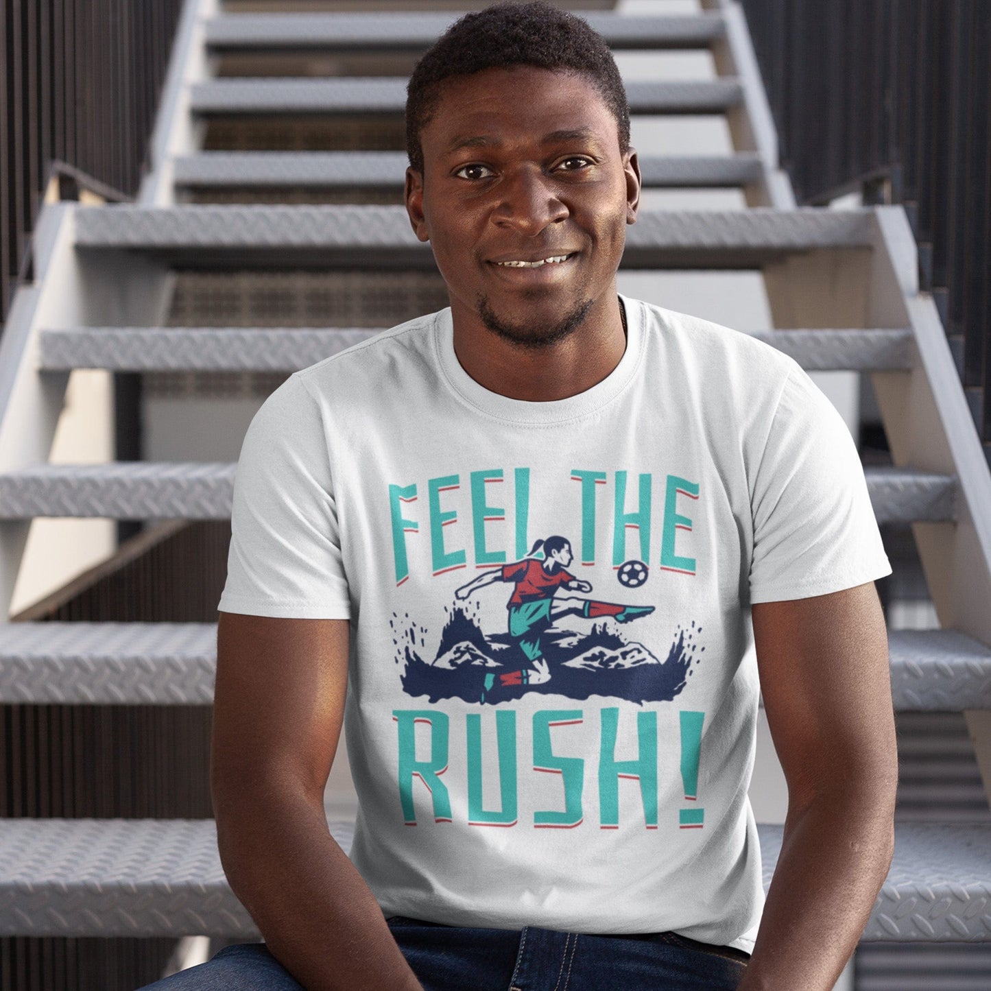 KC Swag Kansas City Current FEEL THE RUSH on white unisex t-shirt worn by male model sitting on metal stairs