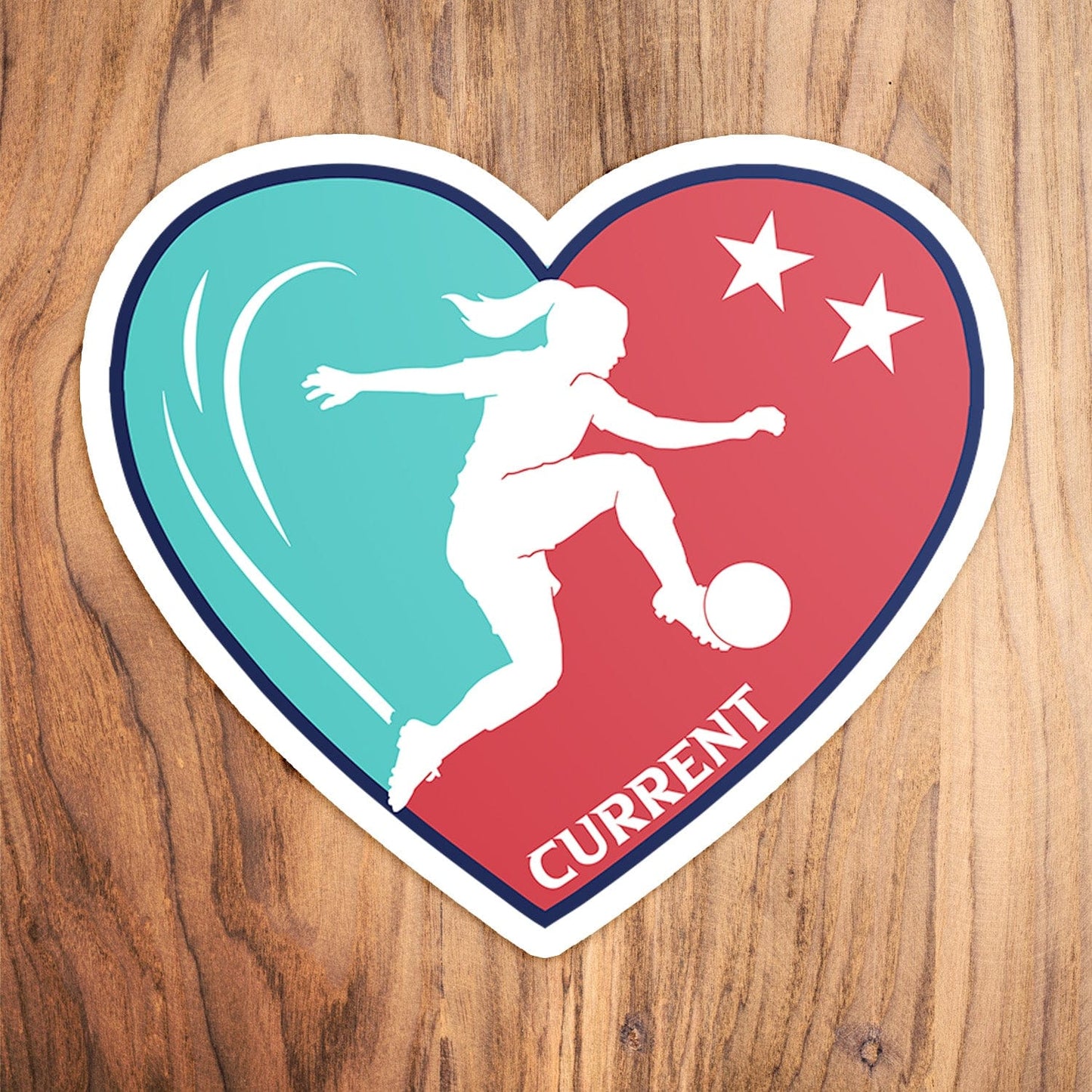 KC Swag Kansas City Current PLAYER HEART die-cut sticker decal made from waterproof vinyl on wood table