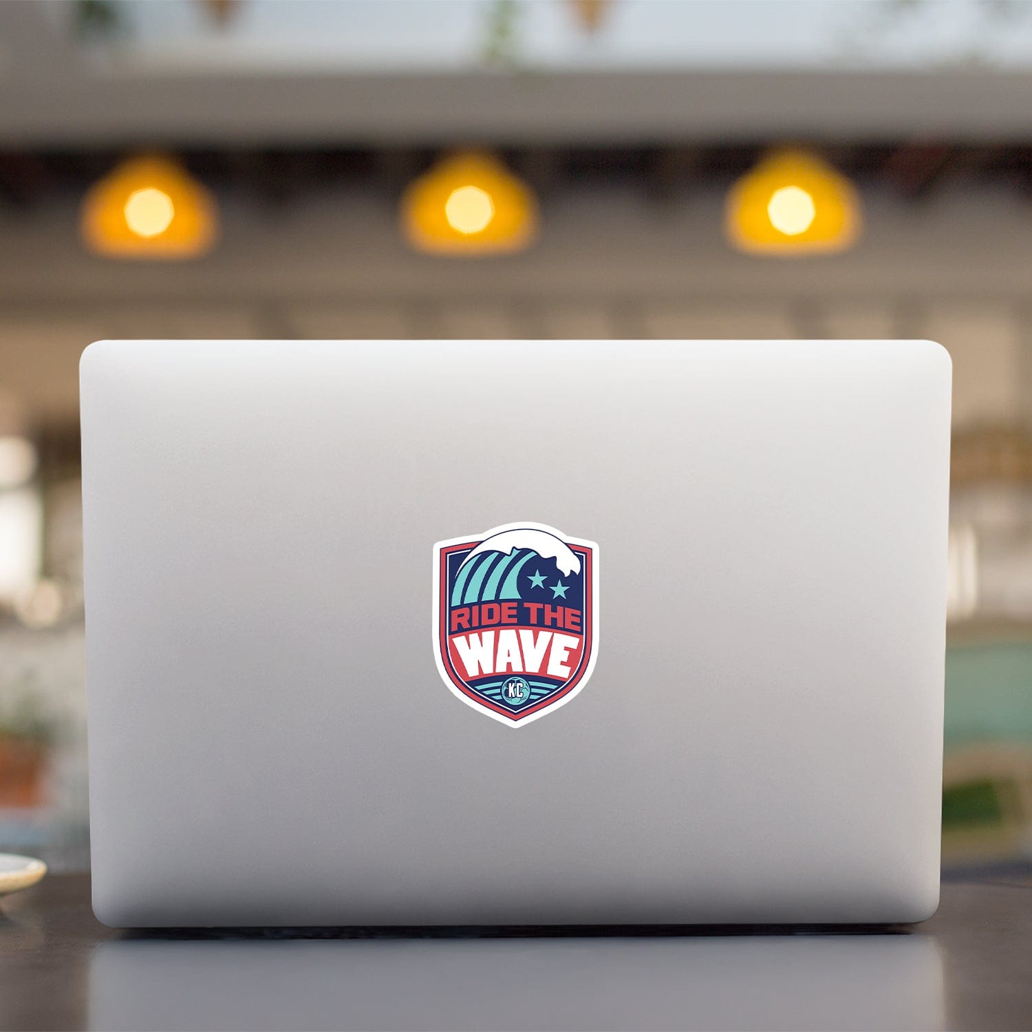 KC Swag Kansas City Current RIDE THE WAVE die-cut sticker decal made from waterproof vinyl on open laptop back