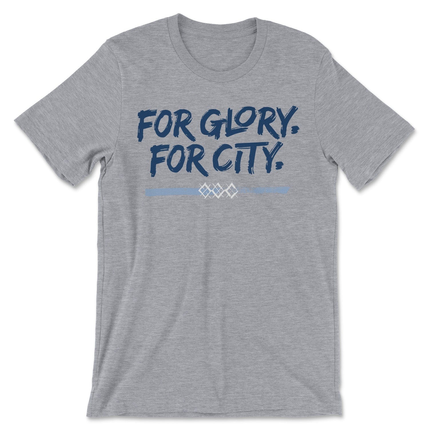 KC Swag Sporting Kansas City navy, powder, white FOR GLORY FOR CITY on athletic heather grey unisex t-shirt 