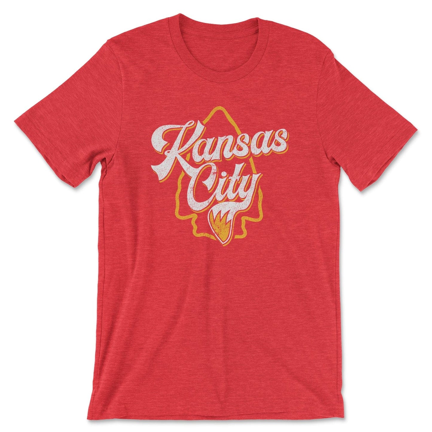 KC Swag Kansas City Chiefs white/yellow KANSAS CITY (with foxtail) with arrowhead graphic on heather red t-shirt