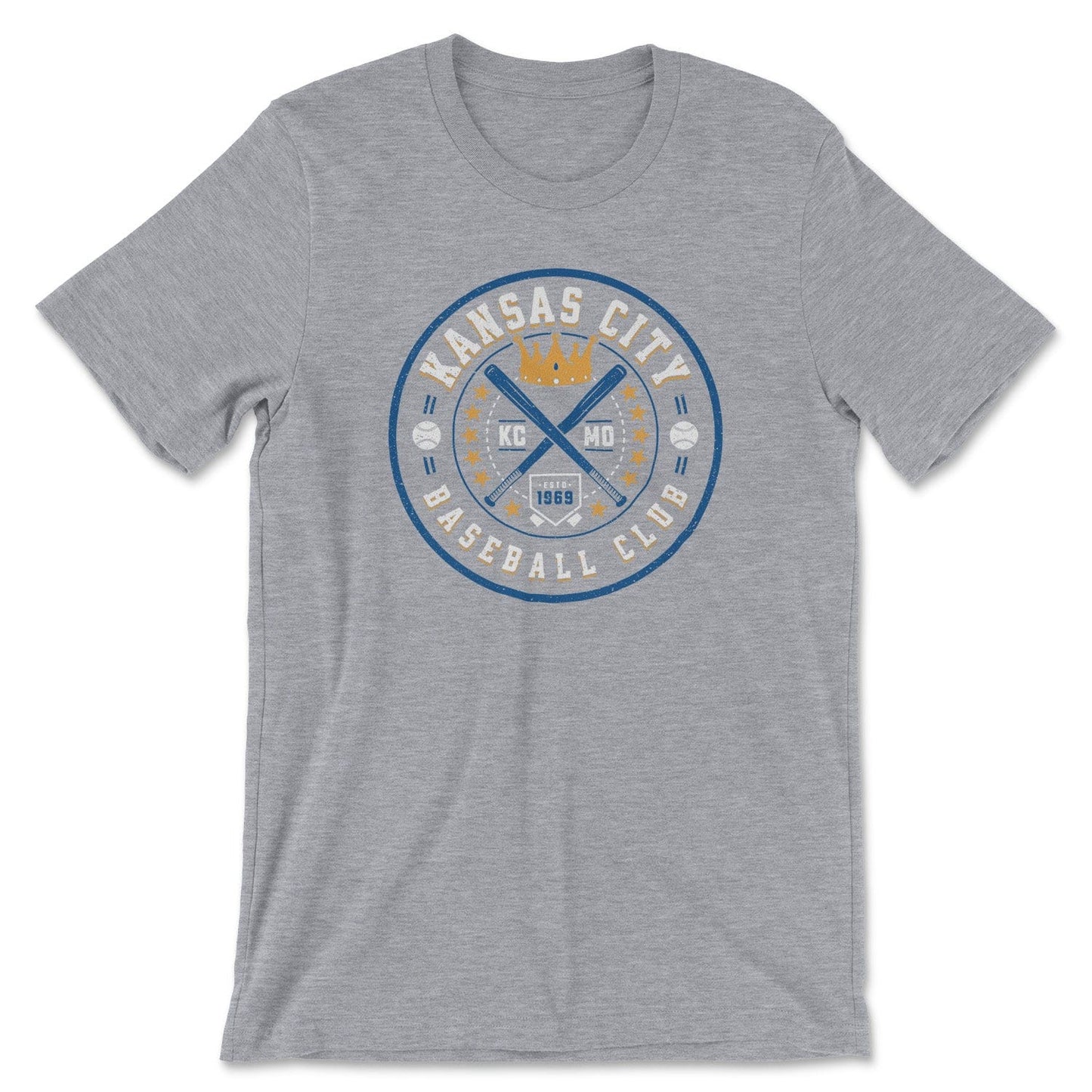 KC Swag Kansas City Royals blue, gold, white KC BASEBALL CLUB on athletic heather grey unisex t-shirt 