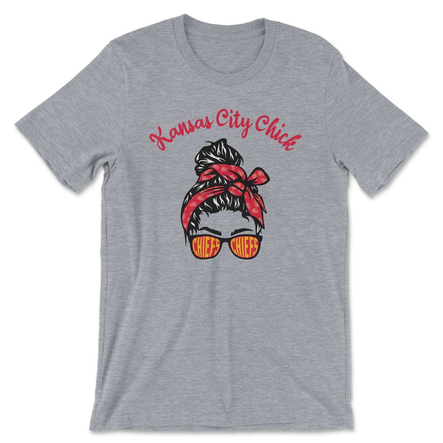 KC Swag Kansas City Chiefs red/black/yellow KANSAS CITY CHICK with girl in bandana and CHIEFS sunglasses graphic on athletic heather grey t-shirt