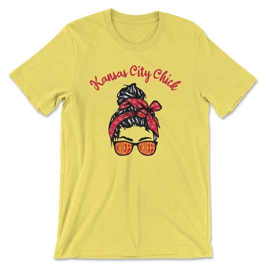 KC Swag Kansas City Chiefs red/black/yellow KANSAS CITY CHICK with girl in bandana and CHIEFS sunglasses graphic on yellow t-shirt