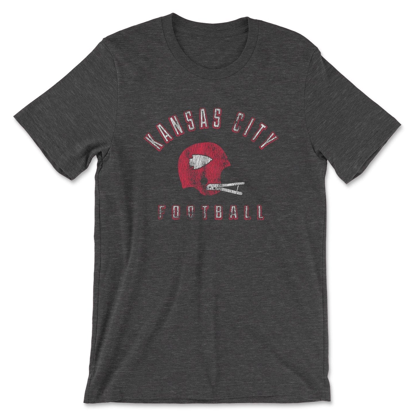 KC Swag Kansas City Chiefs red/white KANSAS CITY FOOTBALL with vintage helmet graphic on dark heather grey t-shirt